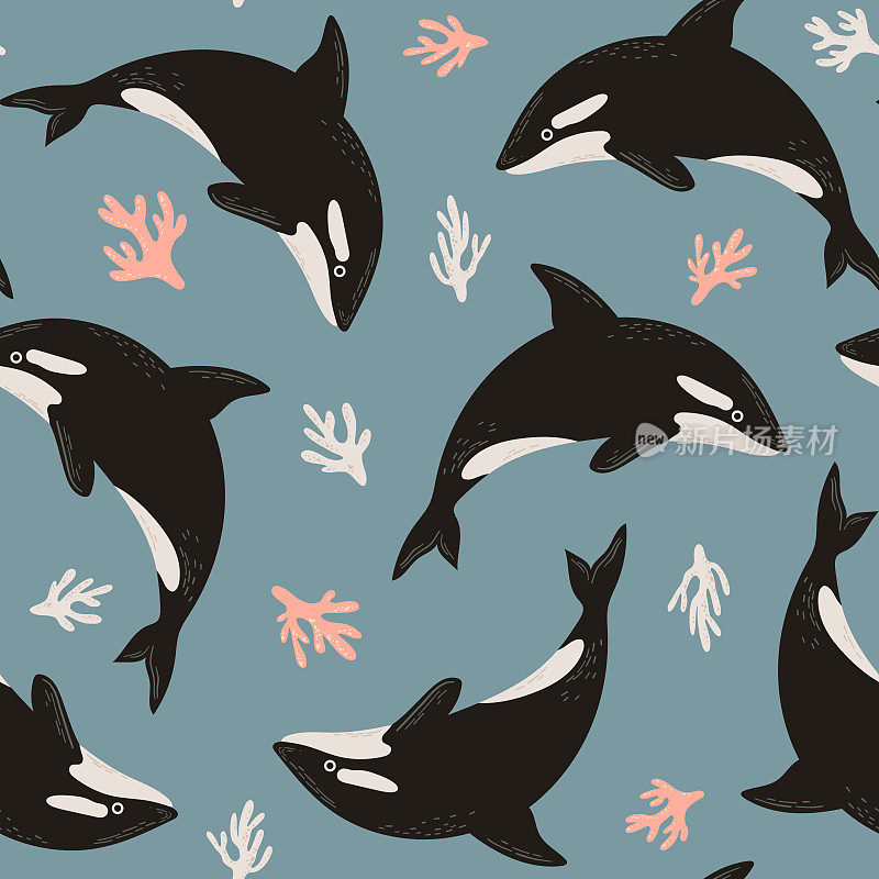 逆戟鲸或虎鲸和珊瑚的无缝可爱图案。为儿童设计，织物，纺织品的海底插图