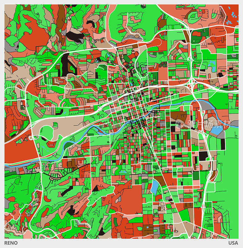彩色艺术插图风格地图，雷诺市，内华达州，美国。地图数据由自然地球制作。