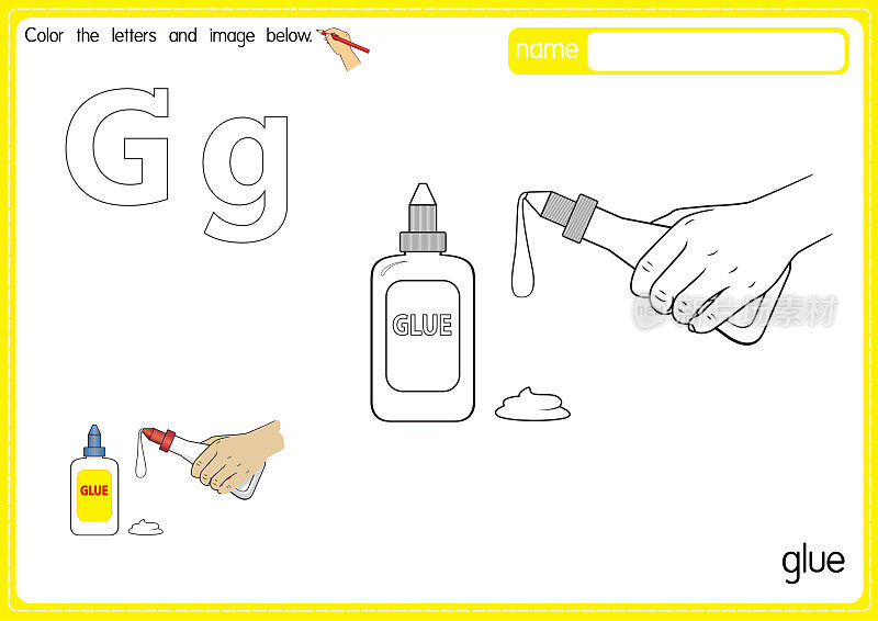 矢量插图的儿童字母着色书页与概述剪贴画，以颜色。字母G代表胶水。