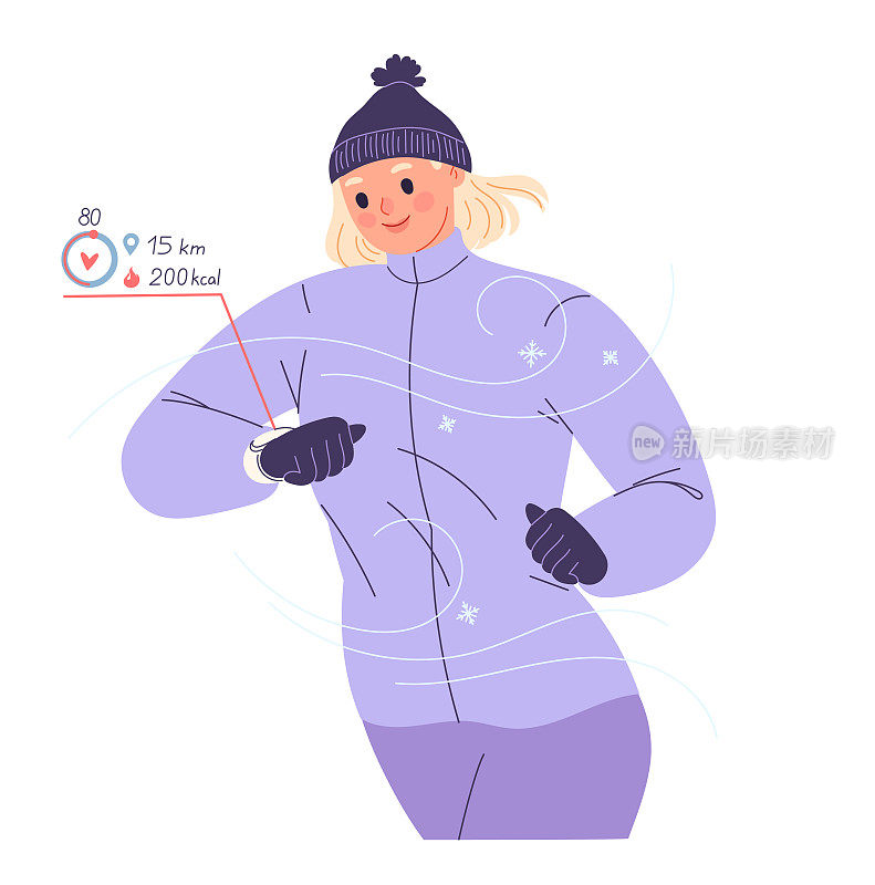 女人在冬天跑到外面，看着智能手表检查她的心率、脉搏、卡路里和距离。