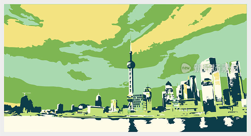 矢量艺术雕刻效果上海城市外滩插图背景
