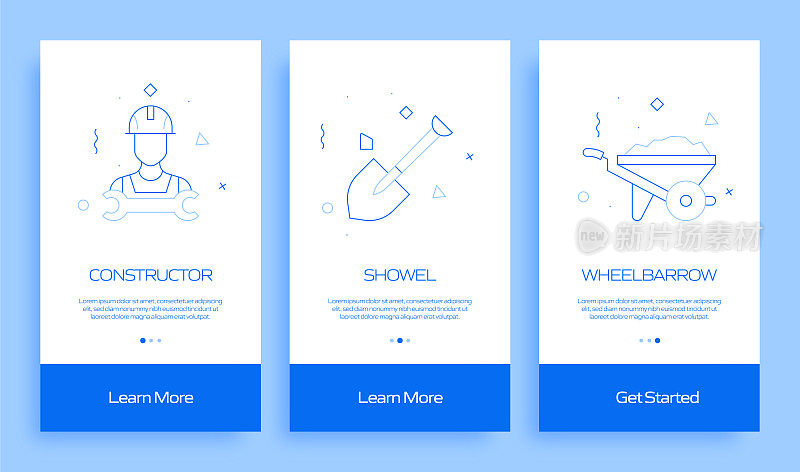 建筑行业概念入职移动应用程序页面屏幕与平面图标。UI设计模板矢量插图