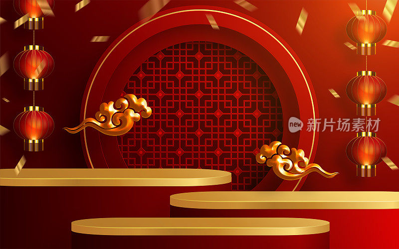 3d讲台圆形、方盒舞台讲台和纸艺术中国新年、中国节日、中秋节、红剪纸、扇子、鲜花和亚洲元素与工艺风格的背景。
