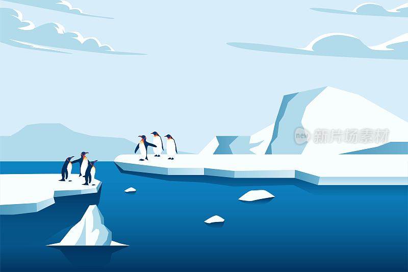 气候变化是真实的。企鹅在融化的山冰和海平面上升矢量插图概念