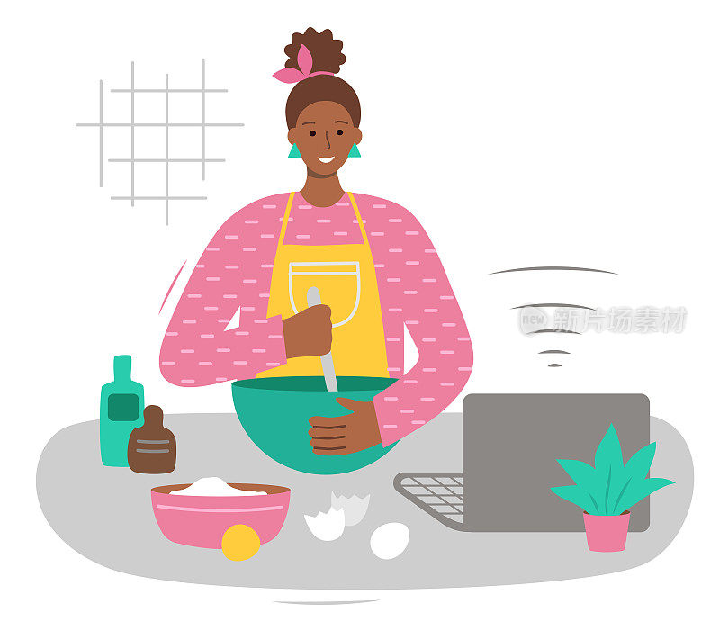 在线烹饪。一个美国妇女烹饪和观看在线食谱。概念视频教程，在线教育，远程学习，网络研讨会，课程，大师班。烹饪视频博客。孤立在一个白色。现代矢量插图在平风格。