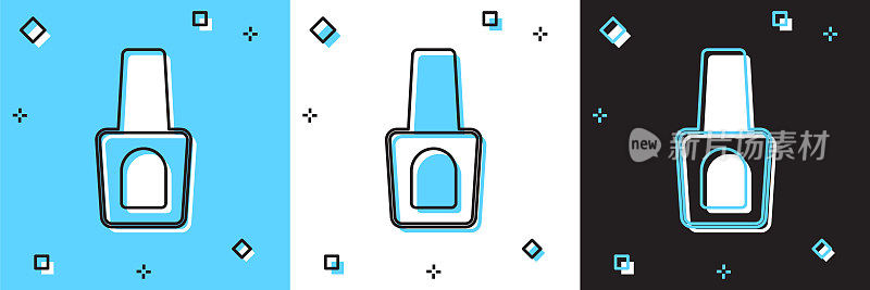 设置瓶指甲油图标孤立的蓝色和白色，黑色的背景。向量