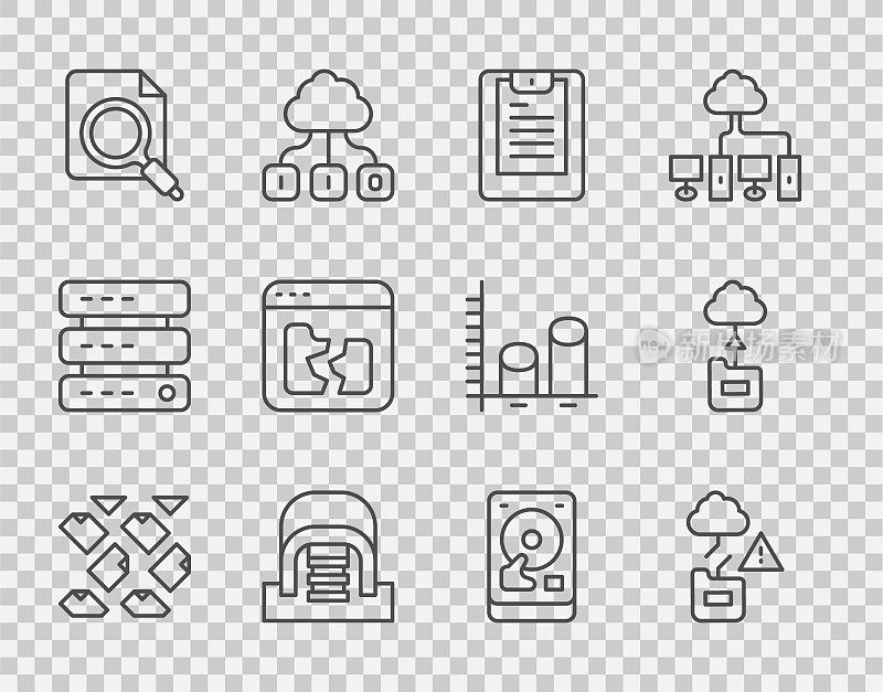 设置行数据流、云技术数据传输、服务器、报表、机库与服务器、搜索概念文件夹、破碎文件、硬盘驱动器HDD和图标。向量