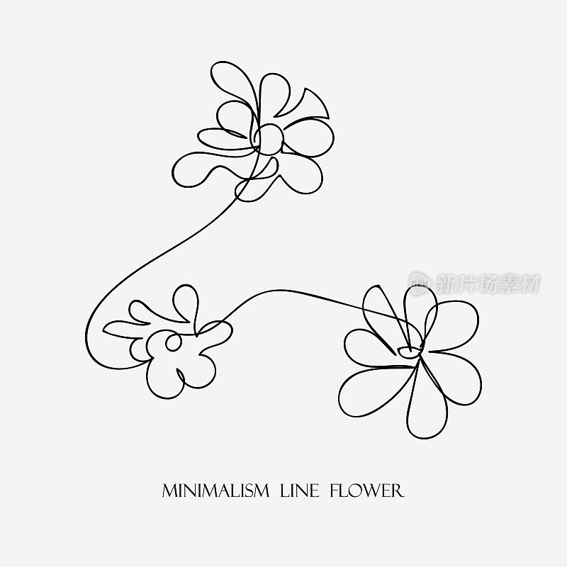 矢量插图抽象手工极简主义3花孤立在白色背景，连续线艺术手绘