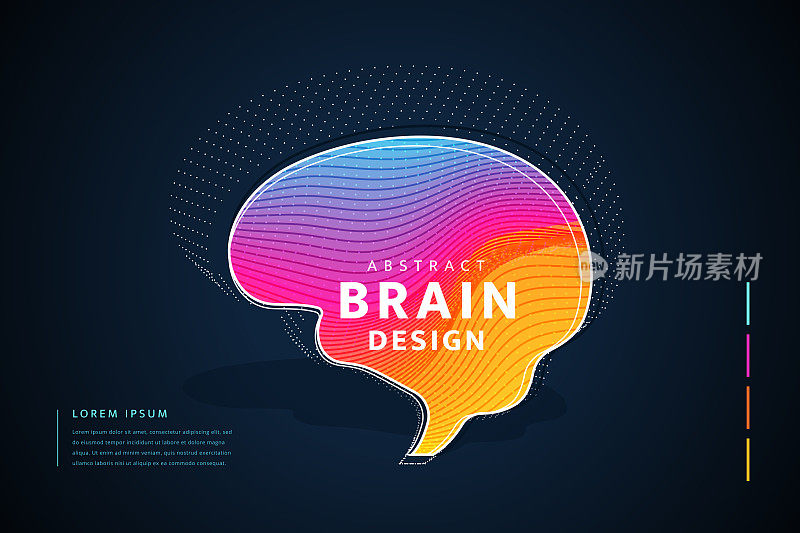 人类大脑医学结构。轮廓向量插图的身体部分器官解剖在三维线艺术风格霓虹灯抽象背景