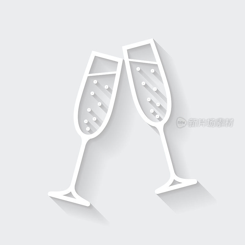 两杯香槟。图标与空白背景上的长阴影-平面设计