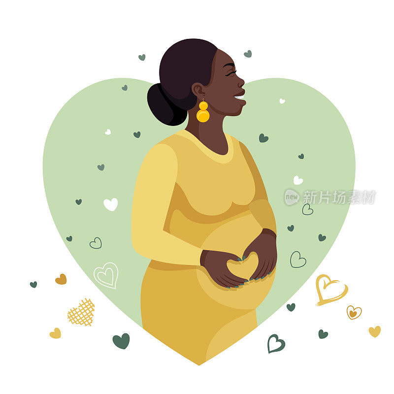 快乐的非洲孕妇抱着她的肚子。