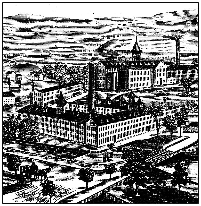 古董插图美国，马萨诸塞州的地标和公司:道尔顿，拜伦韦斯顿造纸厂