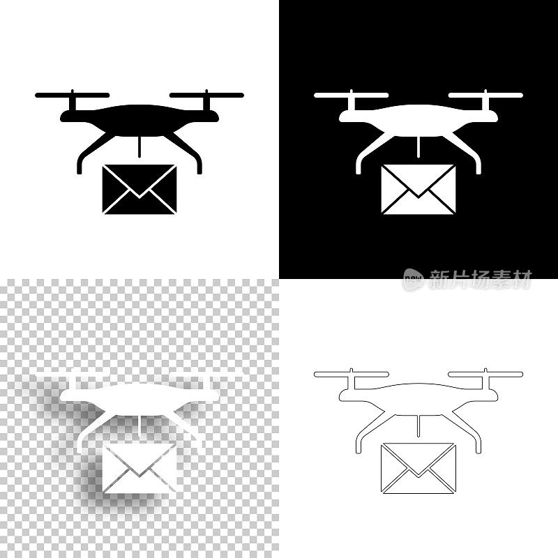 无人机投递邮件。图标设计。空白，白色和黑色背景-线图标