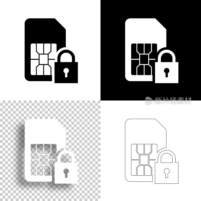 带挂锁的SIM卡。图标设计。空白，白色和黑色背景-线图标