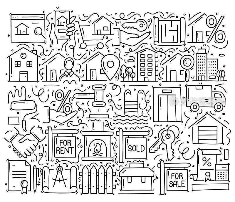 房地产相关对象和元素。手绘矢量涂鸦插图集合。手绘图案设计