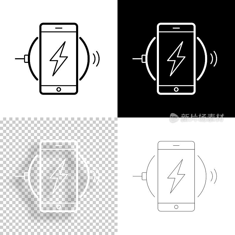 智能手机使用无线充电器充电。图标设计。空白，白色和黑色背景-线图标