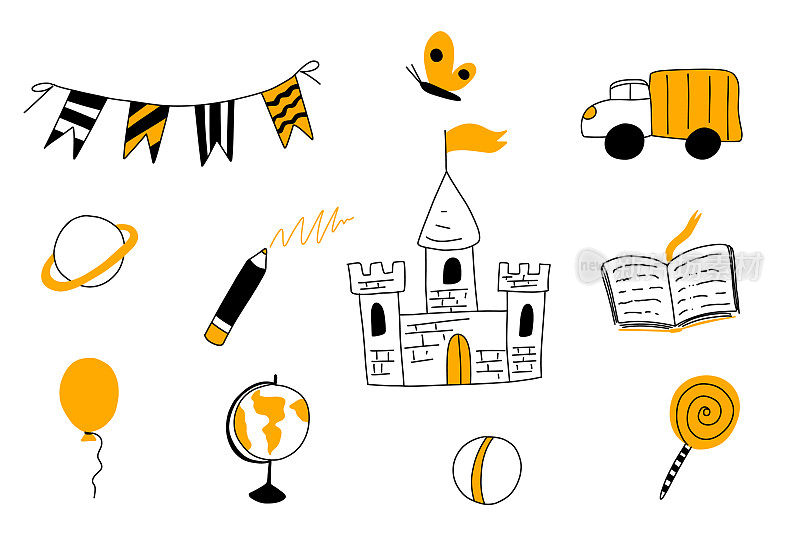涂鸦儿童元素。幼儿园男孩女孩儿童素描。城堡，汽车，花环，书，铅笔。矢量橙色插图孤立在白色背景。