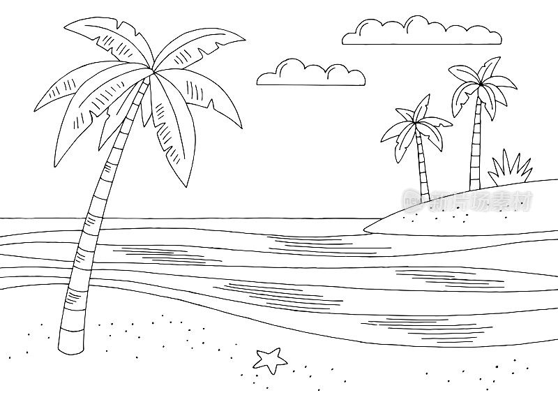 海岸简单图形海滩黑白色景观素描插图矢量