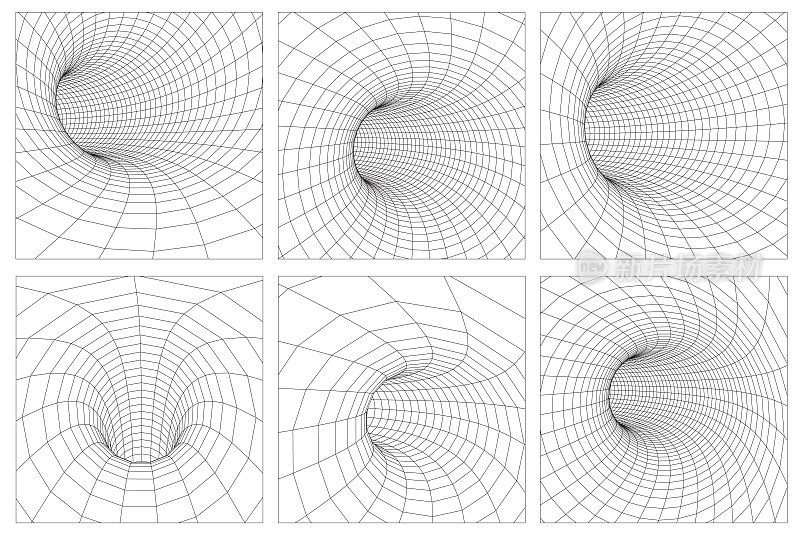 奇点抽象黑洞漩涡概念三维插图。网格虫洞线框隧道。三维重力量子，矢量虫洞插图。每股收益10