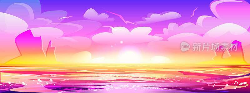 夏季热带海景岩石和云彩在黎明卡通风格。创意矢量插图的EPS格式。