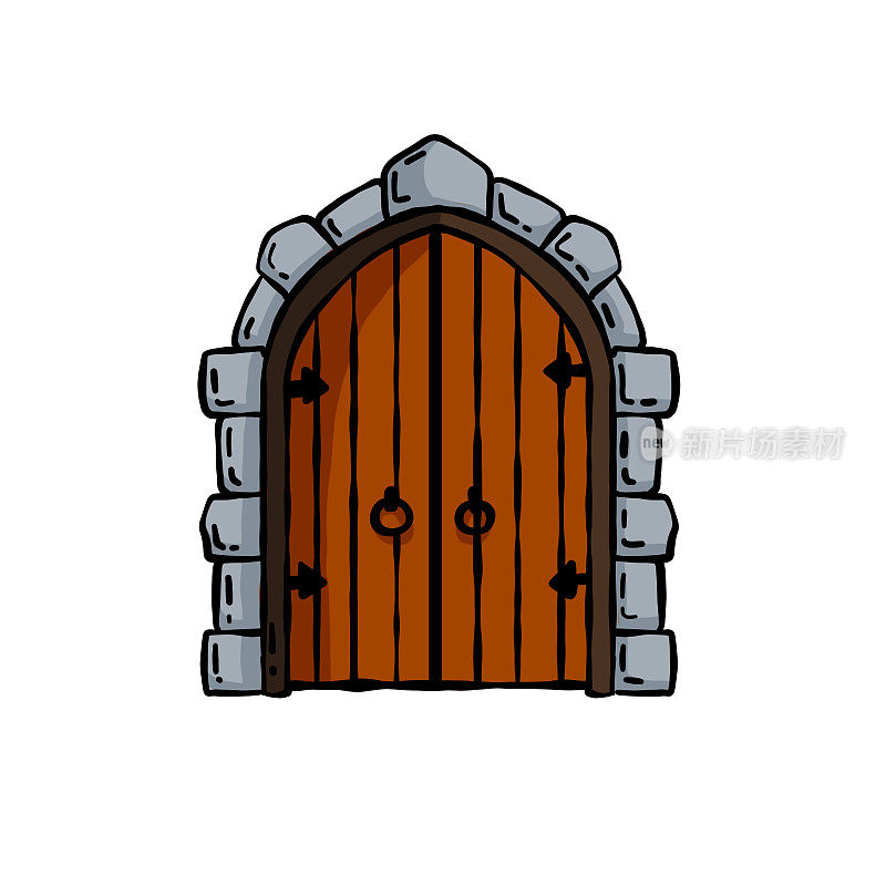 古老的木门城堡。城堡或房屋的古代入口。卡通的风景。地牢的门。有拱门和门道的门。手绘轮廓图