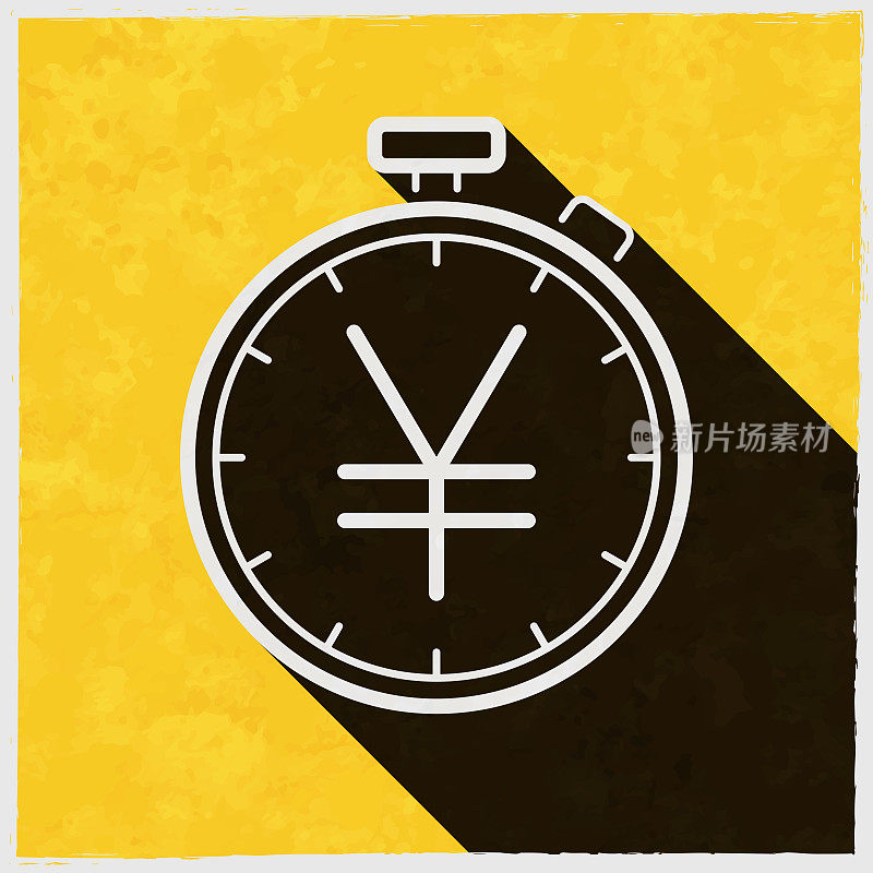 带日元符号的秒表。图标与长阴影的纹理黄色背景