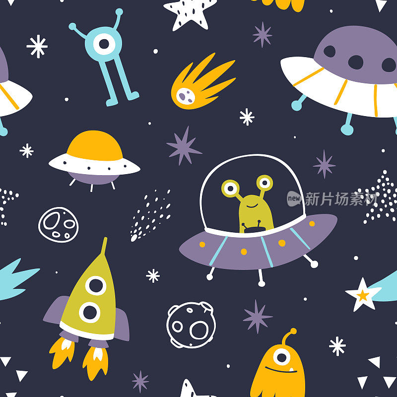 可爱的太空冒险模式与外星人在不明飞行物。有趣的无缝宇宙打印婴儿纺织品和织物。