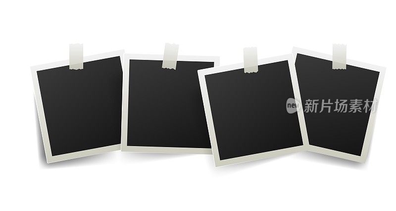 黑色空白照片设置模型与彩色胶带粘合。现实的空模板拼贴贴纸在白色框架和阴影。