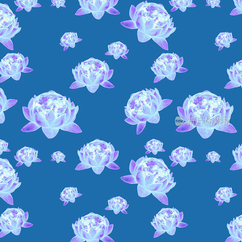 水彩图案浅粉色水莲花在一个蓝色的背景为您无缝设计