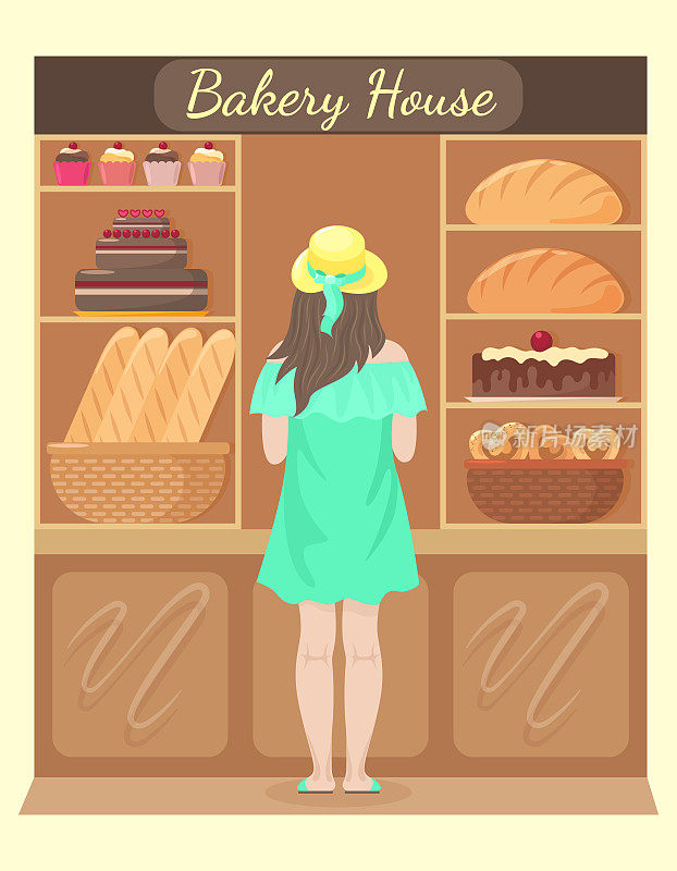 面包房的女孩站在摆满面包和糕点的橱窗前