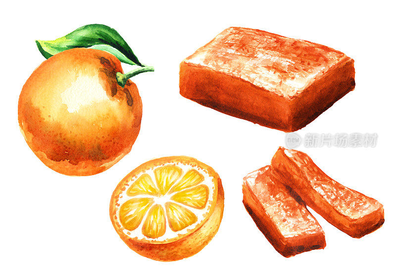 自制橘子果酱、果酱、果冻。手绘水彩插图孤立在白色背景