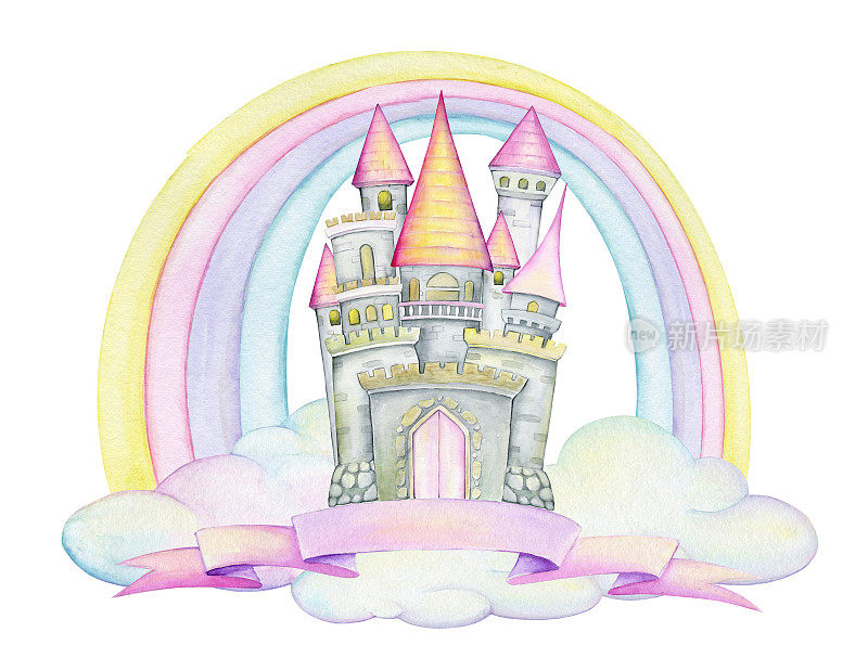 童话城堡，云朵，彩虹。水彩剪贴画，在卡通风格，在一个孤立的背景。