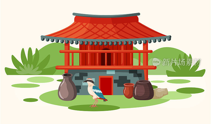 东方风格的红色建筑背景下的岛上本地鸟。韩国济州的风景