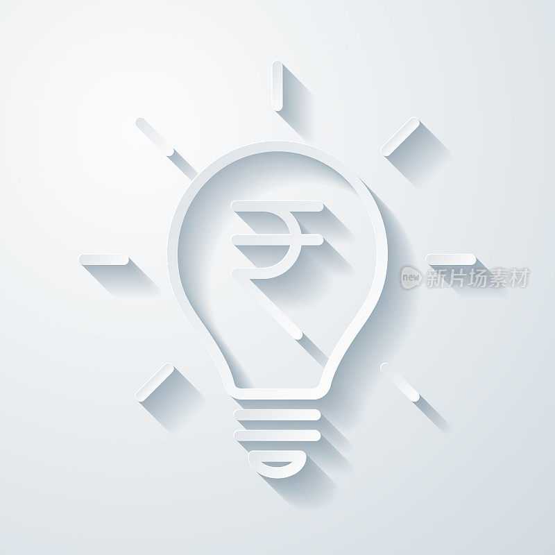 印着印度卢比标志的灯泡。空白背景上剪纸效果的图标