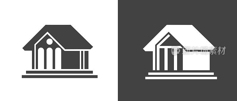 银行政府大楼图标三维抽象矢量或法院联邦住宅研究所大楼象形黑白图形插图，现代博物馆剪影形状或图书馆服务符号形象