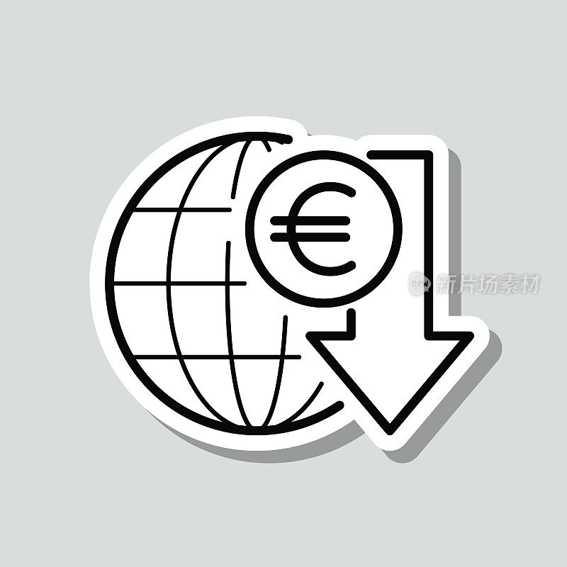 欧元汇率下降。图标贴纸在灰色背景