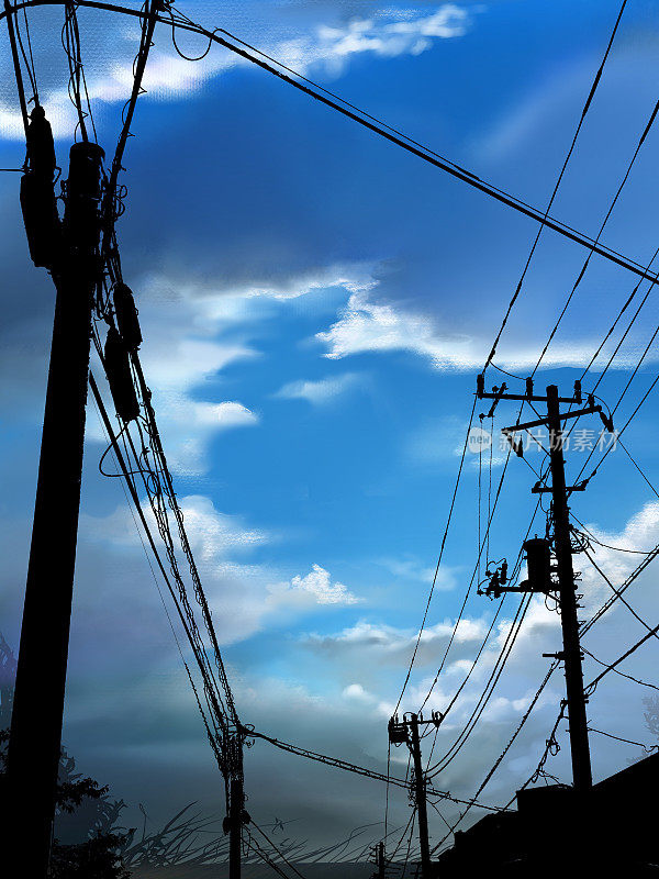 单色剪影插图的景观场景，蓝色的夏天的天空和阳光透过云层，和一个电线延伸的电线杆。
