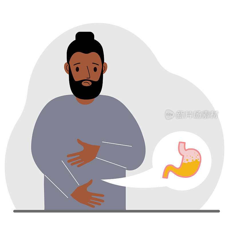 腹部疼痛的概念。这个男人用双手抱住他的肚子。胃部或消化系统有问题。