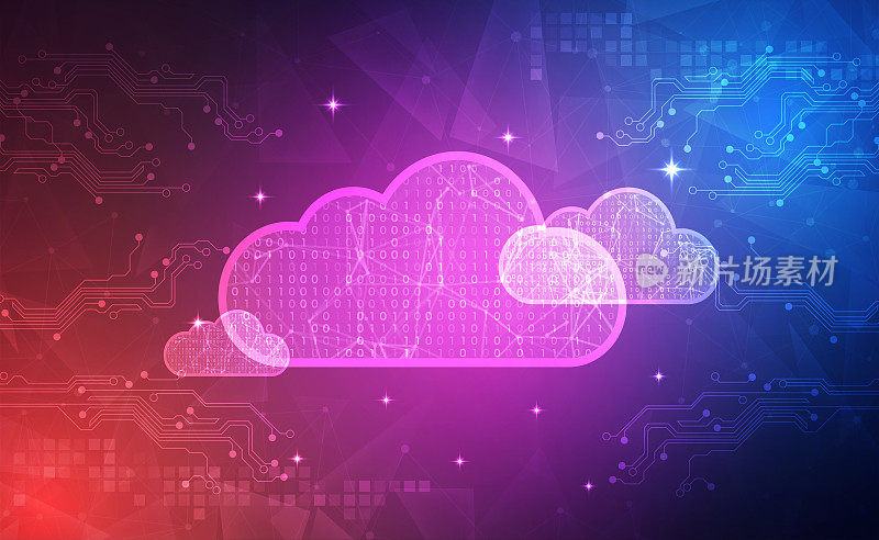 数字科技云服务蓝粉色背景，科技云计算上传，抽象科技，创新未来数据，互联网网络连接，Ai大数据存储，插画矢量