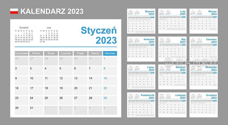 2023年波兰日历。一周从周一开始。简单的向量模板。业务设计计划。