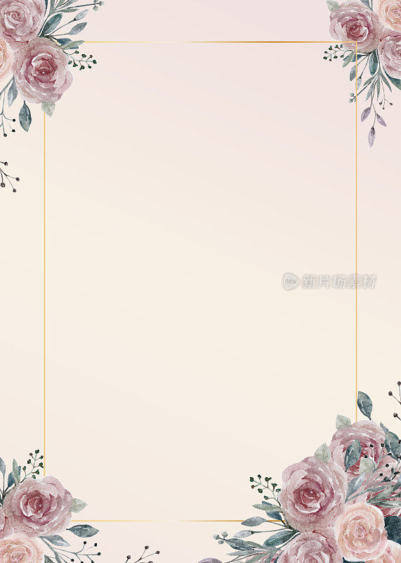 水彩玫瑰花束与黄金框架米色背景，矢量插图手绘花与文字copyspace，春天花母亲节贺卡，婚礼邀请
