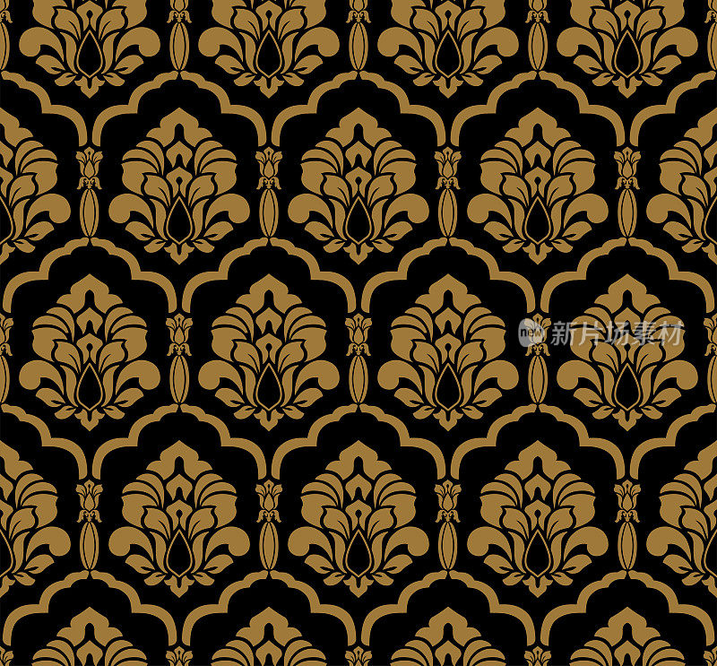 金色和黑色维多利亚花缎豪华装饰织物图案