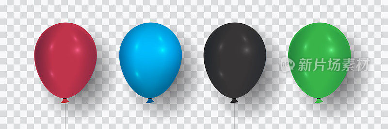 气球集彩色逼真的透明背景。庆祝用的氦气球。矢量插图。