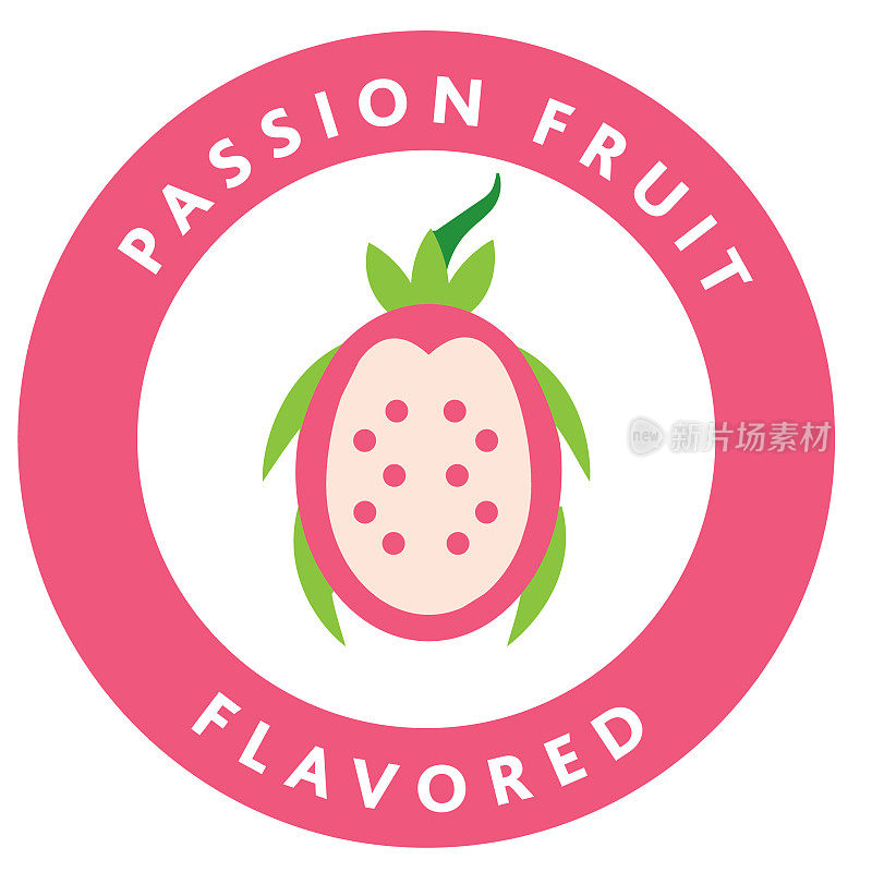 完整和切片的新鲜水果百香火龙果与文字彩色圆形标签图标