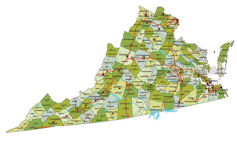高度详细的可编辑的政治地图与分离的层。维吉尼亚州