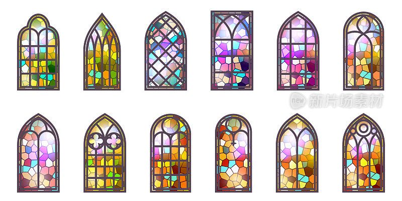 哥特式彩色玻璃窗。教堂中世纪拱门。天主教大教堂镶嵌框架。旧建筑设计。向量组
