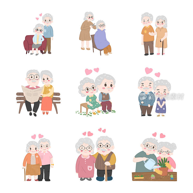一套老年夫妇人物插画，爷爷奶奶的日子