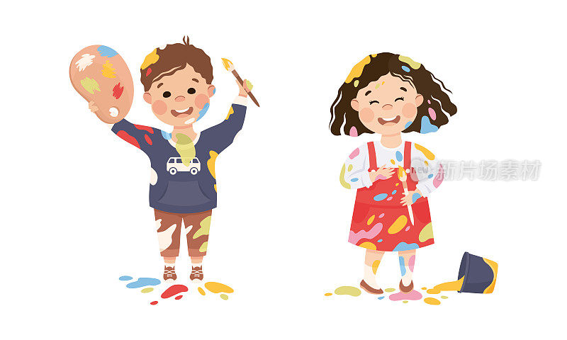 快乐的男孩和女孩染衣服，手和脸用颜料卡通矢量插画