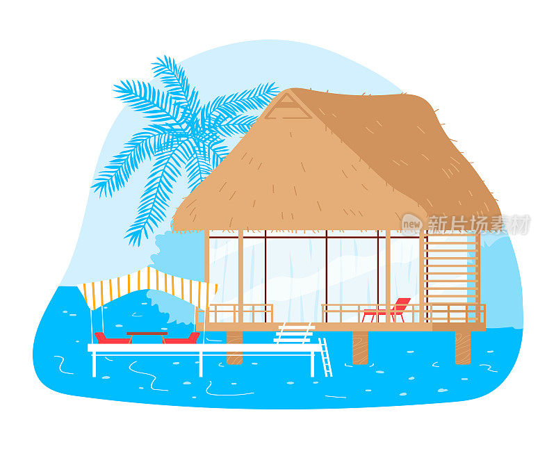 水下小屋，热带景观背景，矢量插画。小屋在海边，海边有小建筑。