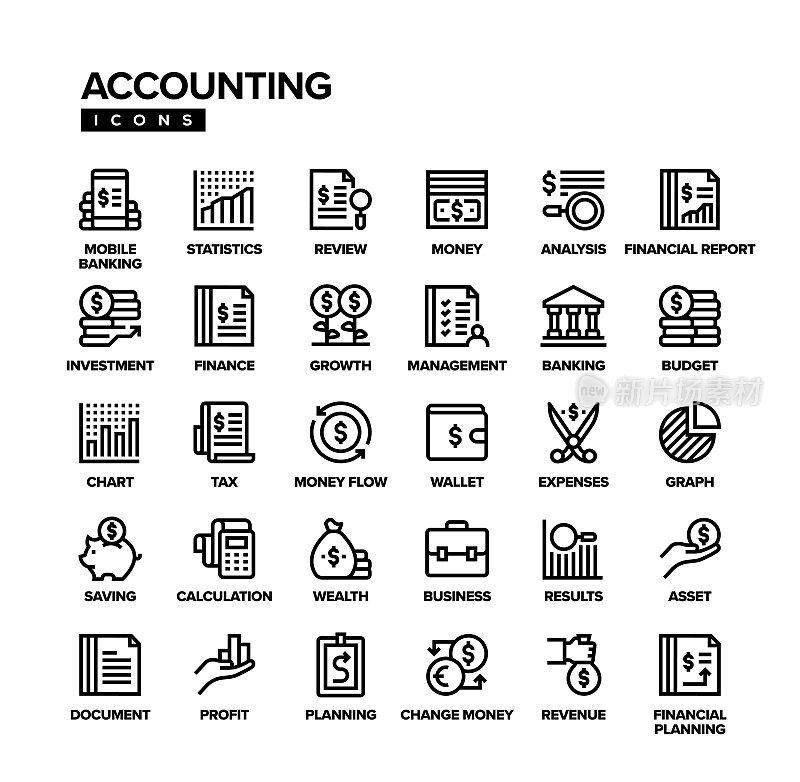 会计相关线路图标设置。钱，税单，预算，财富，费用，收入，计算器，会计，银行，经济，金融，现金流，货币，数学。